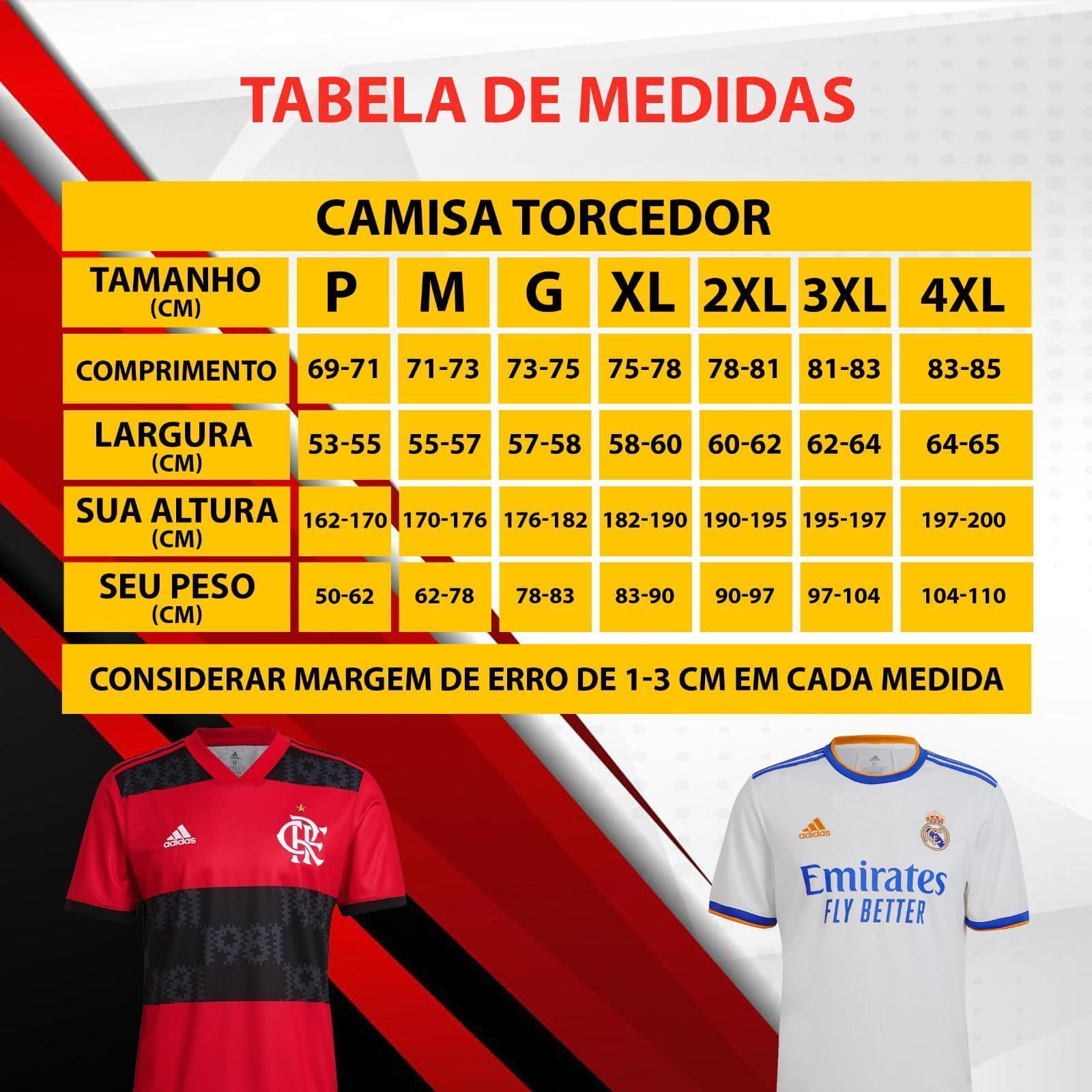 tabela de tamanho camisa de futebol